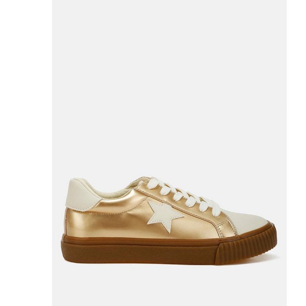London Rag Jumping Jacks Metallic Faux Leather Star Sneakers in Gold & Cream - Picture 1 of 12